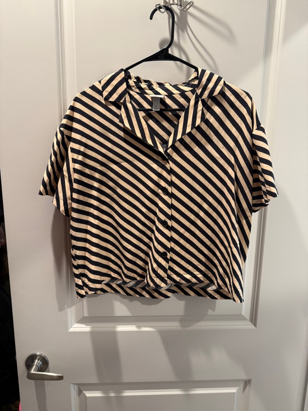A New Day: Striped Short-Sleeve Button Front Top in Beige and Black
